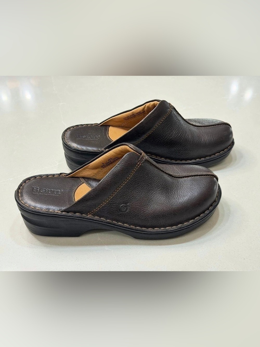 Born Brown Leather Slip On Wedge Clogs Mules Comfort Shoes Size 9